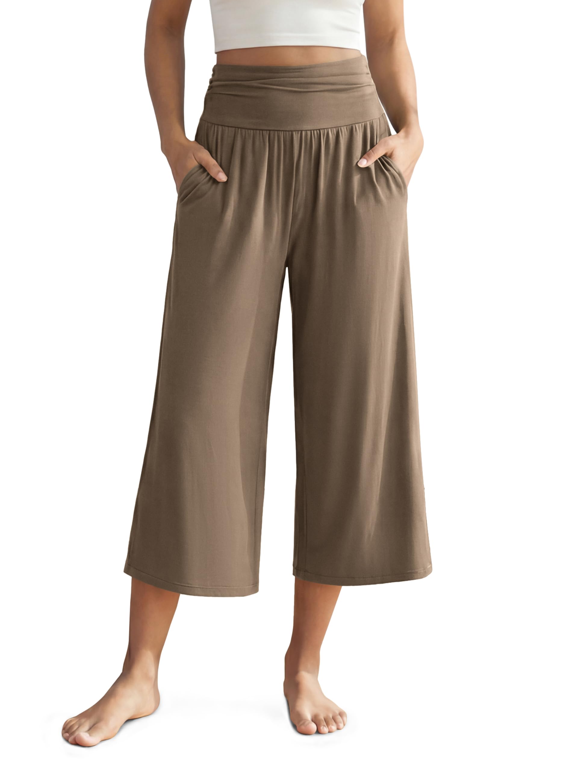 ODODOS Womens Wide Leg Palazzo Lounge Cropped Pants with Pockets Light Weight Comfy Pajama Capri Pants-20 22 24