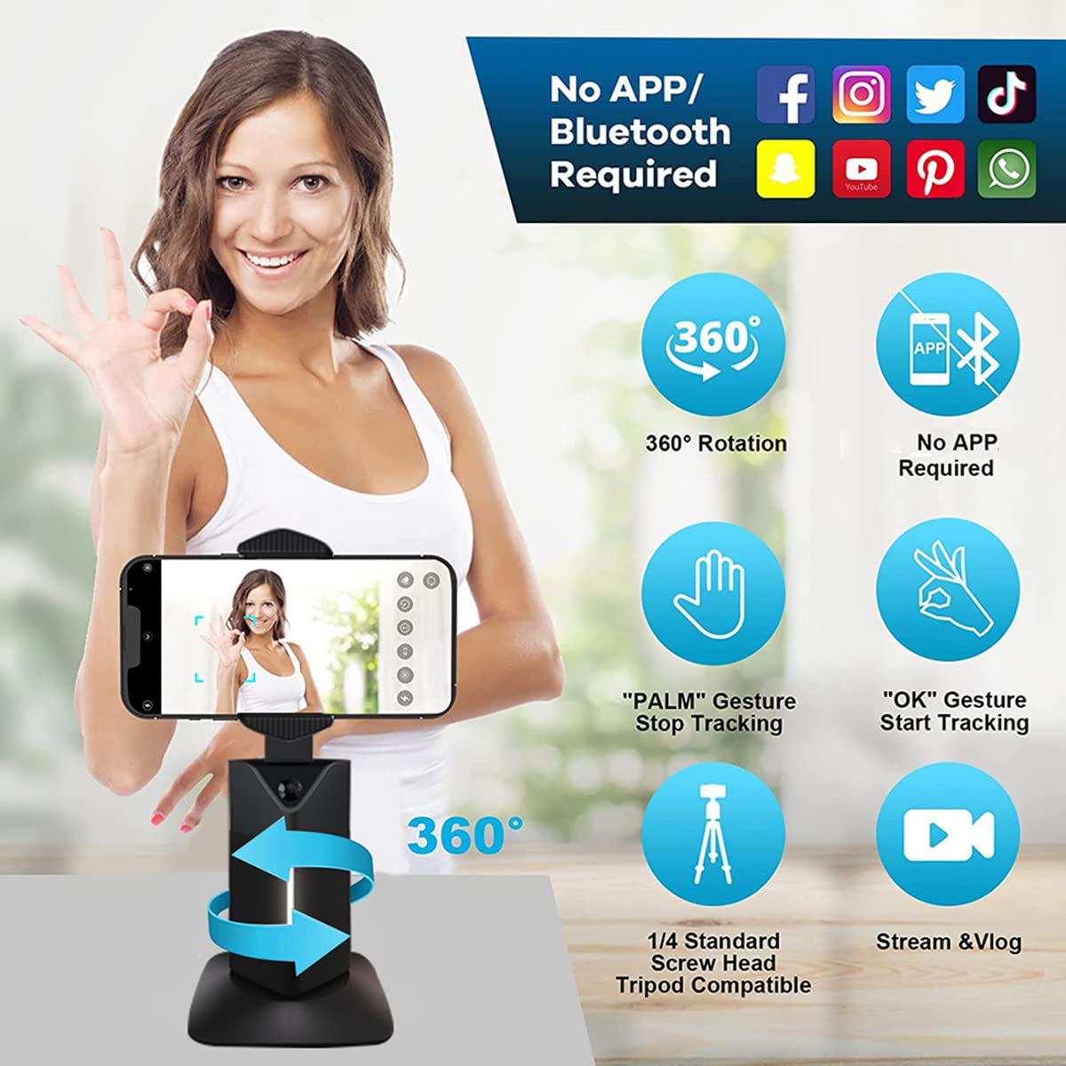 AI 360 - Rotación de seguimiento automático para smartphone con función atril y control Gimbal Stabilizer para Live - White