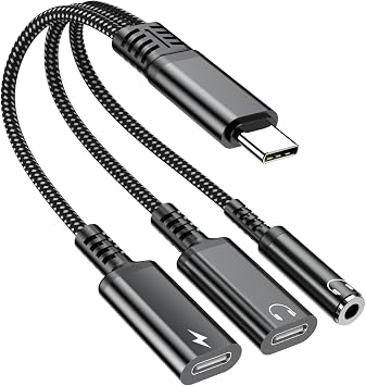 USB-C to 3.5mm Headphone and Charger Adapter, 3 in 1 Type C Aux Splitter Charger Headphone Jack Dongle Cord Compatible for iPhone 15/16/17 Pro/Max/Plus, iPad, Samsung Galaxy S23/S24 Ultra Black