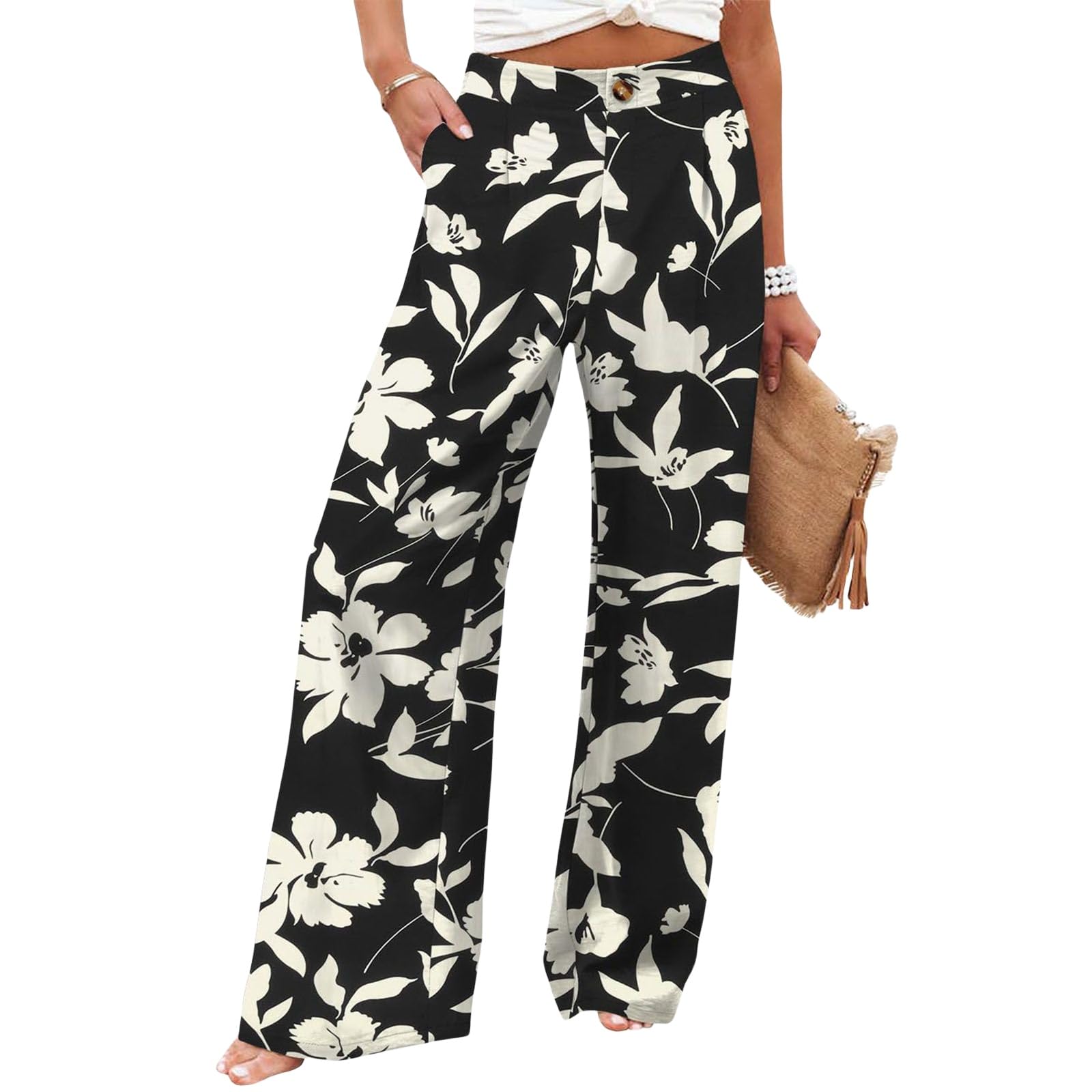 Mmoneyake Wide Leg Pants for Women High Waist Long Palazzo Pants Button Down Loose Business Work Office Trousers