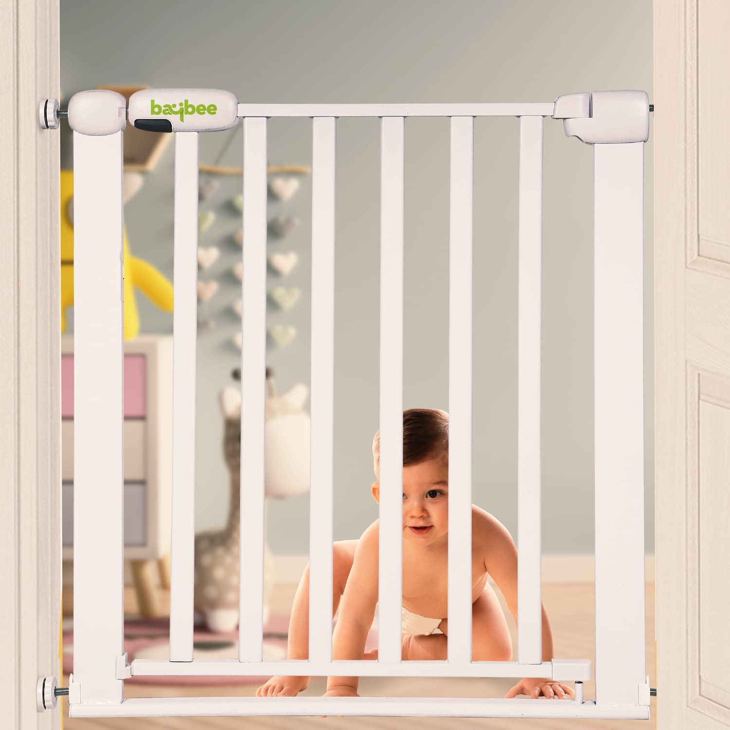 Baybee 75-85cm Auto Close Baby Safety Gate, Extra Tall & Wide Child Pet Dog Gate with One Touch Release Safety Lock, Baby Gate for House, Doorway & Staircases| Indoor Safety Gate for Baby Kids (White)