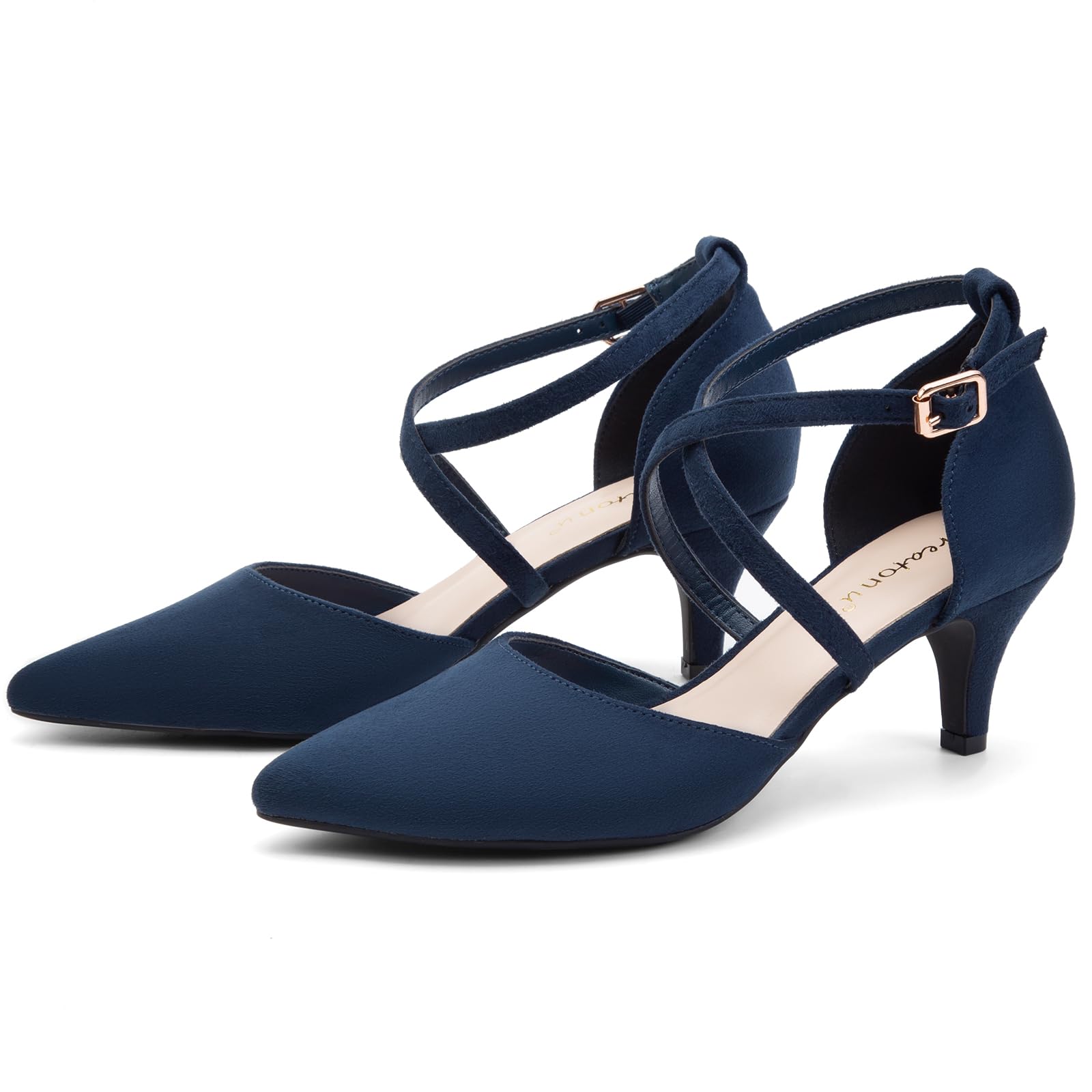 Greatonu Women's Pointed Toe Court Shoes with Ankle Strap and Kitten Heel