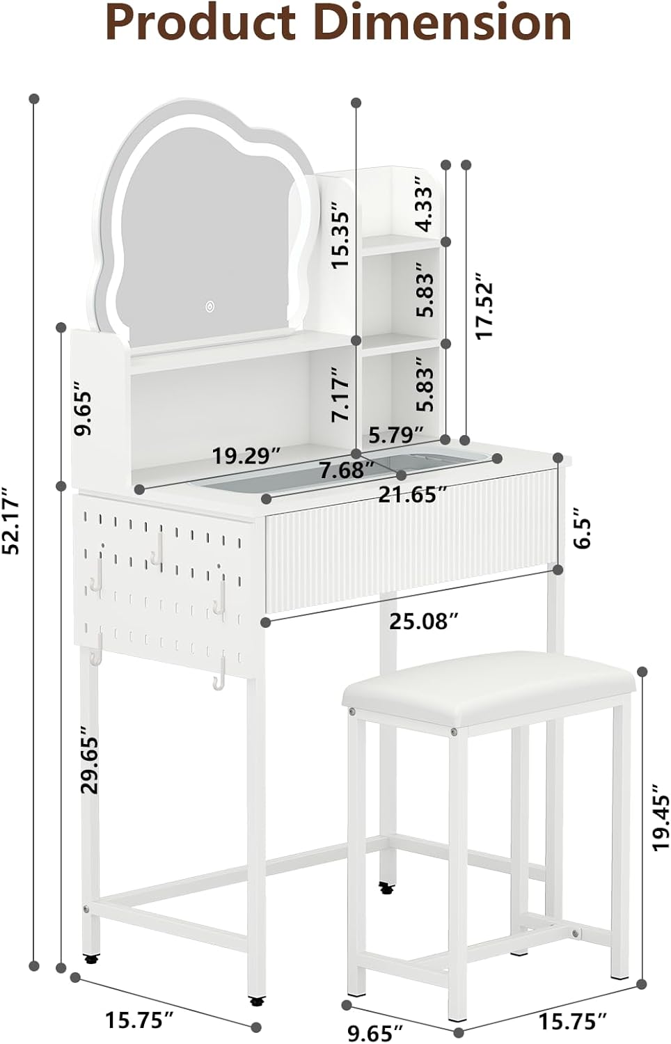 YOURLITE Vanity Desk with Mirror and Lights, Fluted Makeup Vanity Set with Chair and Drawers for Small Space, White Dressing Table with Pegboard for Bedroom