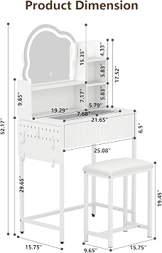 YOURLITE Vanity Desk with Mirror and Lights, Fluted Makeup Vanity Set with Chair and Drawers for Small Space, White Dressing Table with Pegboard for Bedroom
