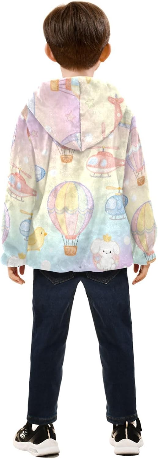 Cartoon Cute Balloon Plane Animals Toddler Jackets Outerwear Jackets Navy Blue Baby Boy Hooded Fleece Jacket