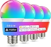 OREiN Matter Smart Light Bulb, Smart Light Bulbs Work with Apple Home, Alexa, Google Home, SmartThings, A19 Color Changing Light Bulbs 2.4Ghz WiFi, 800 Lumens Equivalent 60W 4Pack