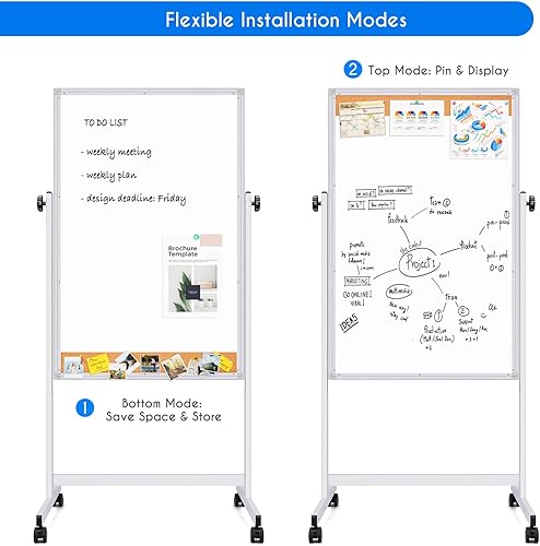 Miniatura 10 de maxtek Pizarra blanca rodante, 48 x 24 pulgadas de altura ajustable sobre ruedas, gran tablero de caballete móvil magnético de pie, doble cara con