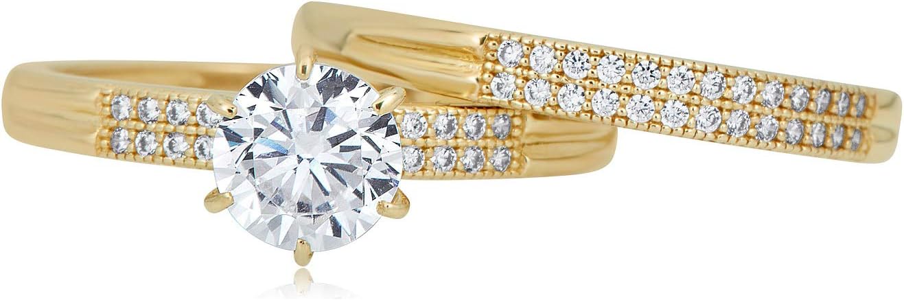 AVORA 10K Yellow Gold Classic 1 Carat 2 Row Simulated Diamond CZ Anniversary Bridal Engagement Wedding Band Ring Set