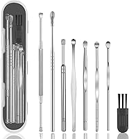 Hion 8-Pc Professional Ear Wax Removal Kit: 316L Stainless Steel Double-Headed Ear Picks, Curettes, Brush & Storage Box for Kids & Adults (Silver)