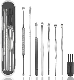 Hion 8-Pc Professional Ear Wax Removal Kit: 316L Stainless Steel Double-Headed Ear Picks, Curettes, Brush & Storage Box for Kids & Adults (Silver)