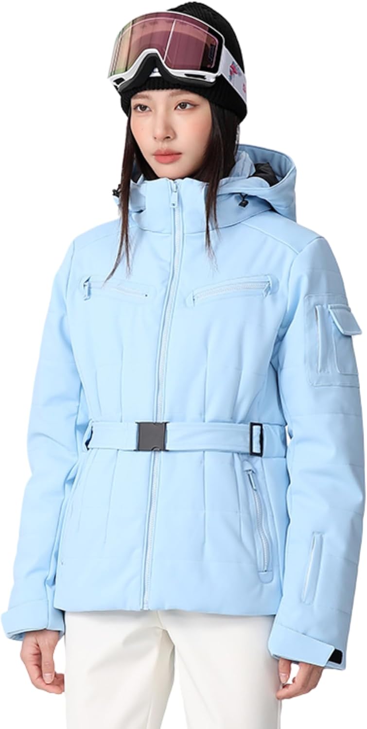 Women Slim Skiing Jackets with Belt Insulated Snowboarding Coat Hooded Snow Coat Elasticity Ski Jacket