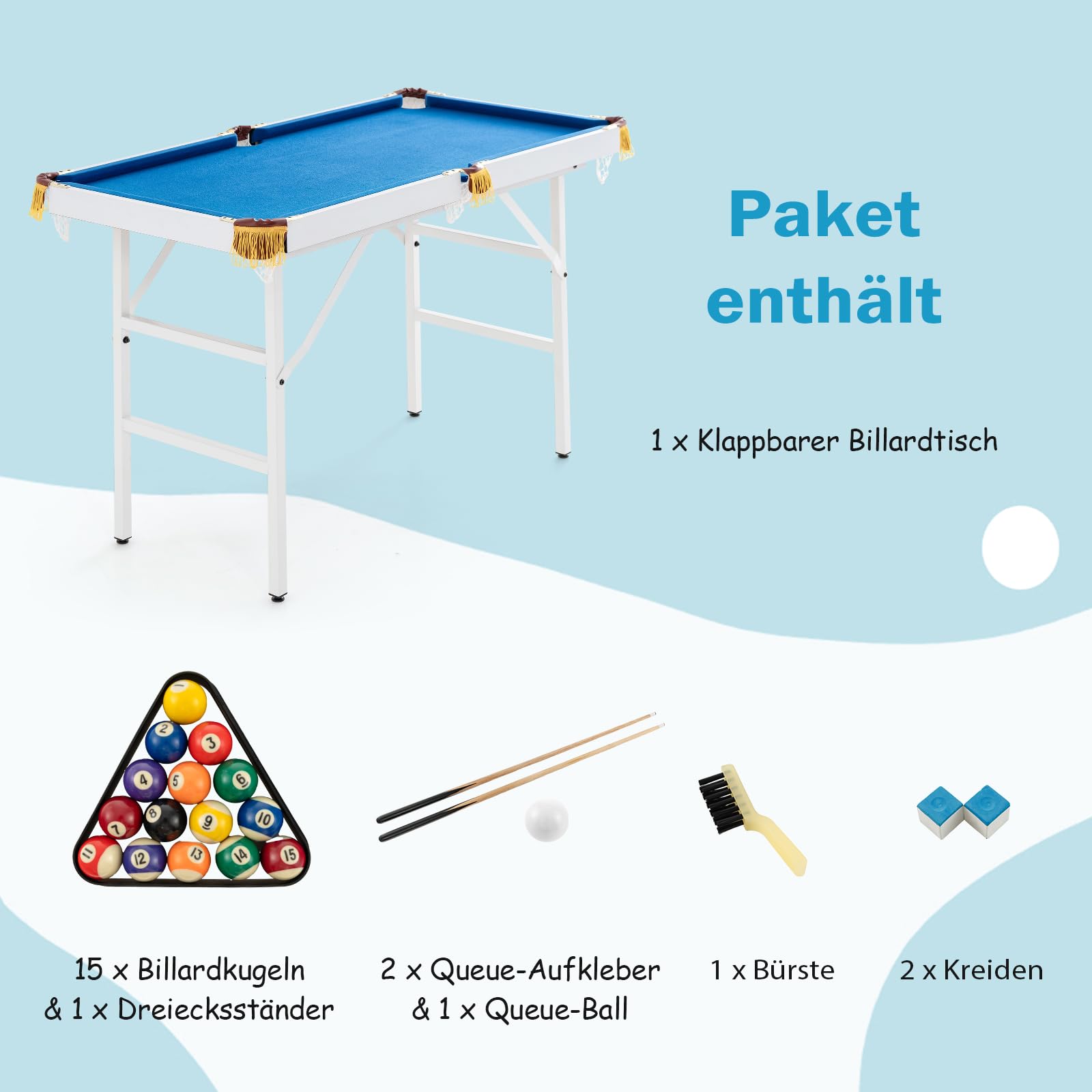 GOPLUS Tavolo da biliardo pieghevole con accessori, tavolo da biliardo con 16 palline, 2 stecche, 2 gessetti, spazzola e triangolo, gioco da tavolo per bambini e adulti, 122 x 64 x 78 cm