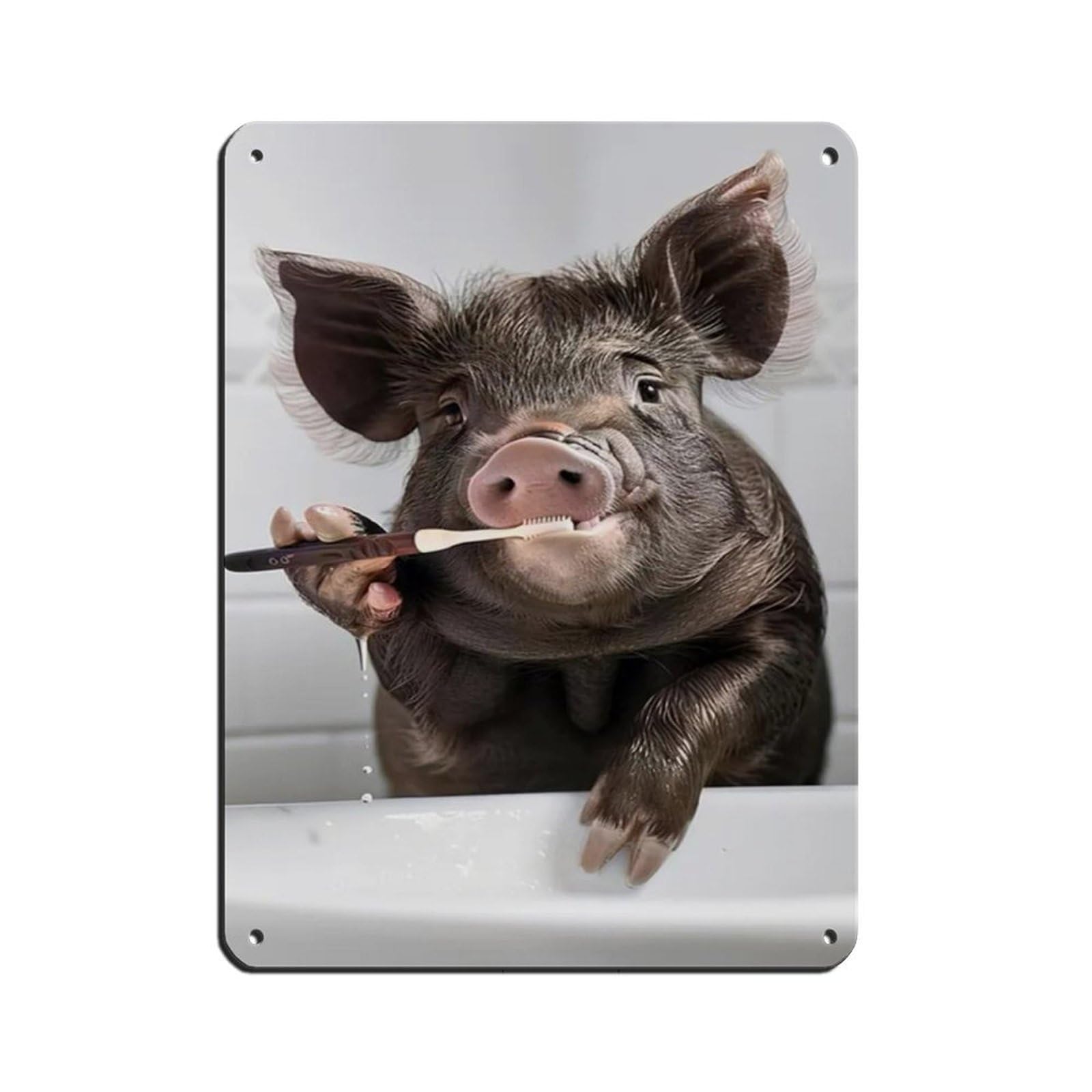 Pig Brushing Teeth, Hilarious Bathroom Art Tin Sign Vintage Metal Pub Club Cafe Bar Home Wall Art Decoration Poster Retro 12x16inch(30x40cm)