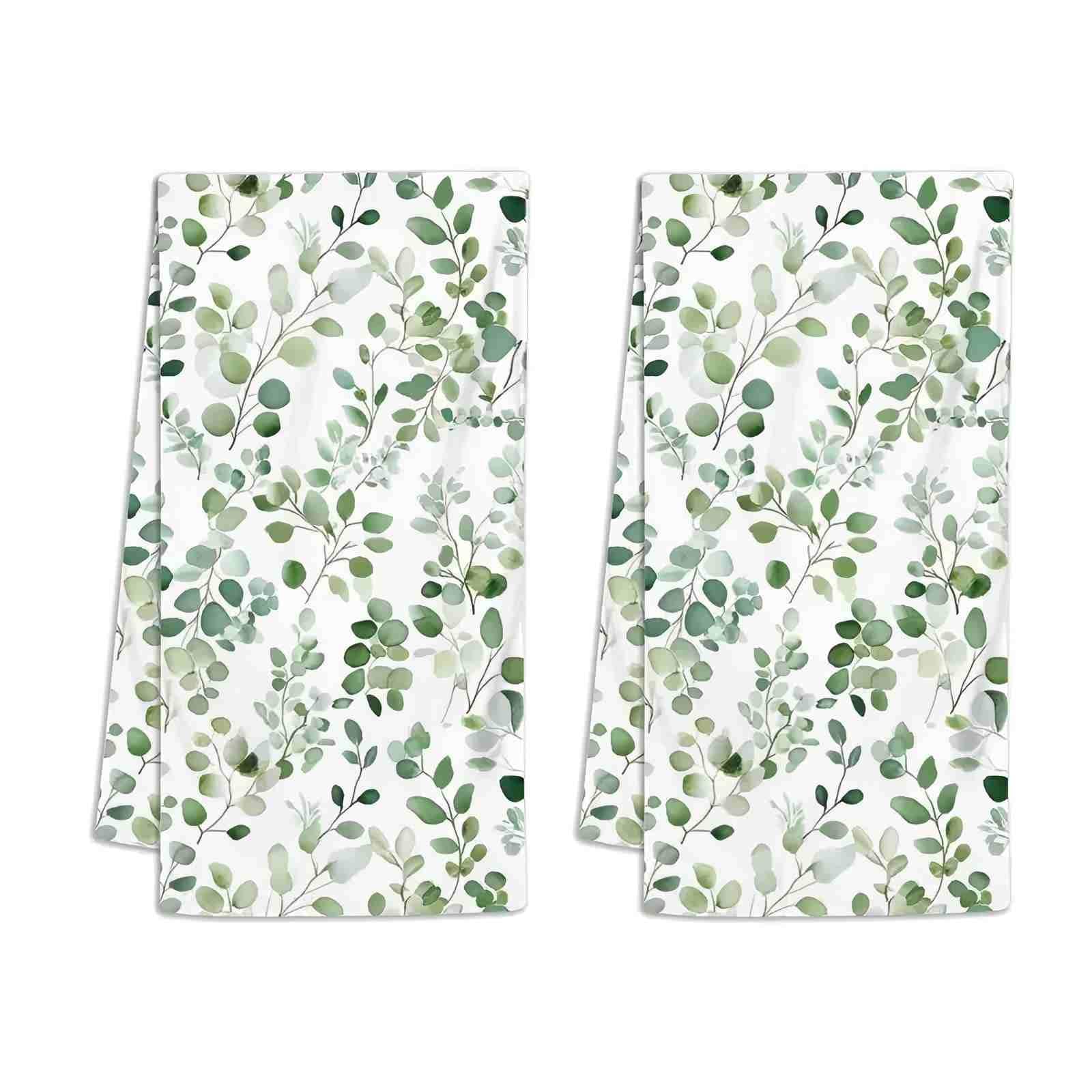 LOMYLM 2pcs Summer Tea Towels for Kitchen, Green Eucalyptus Leaf Print Kitchen Towels Absorbent Microfiber Dish Cloths Quick Dry Reusable Hand Towel Spring Easter Summer Party Accessories (40x60cm)