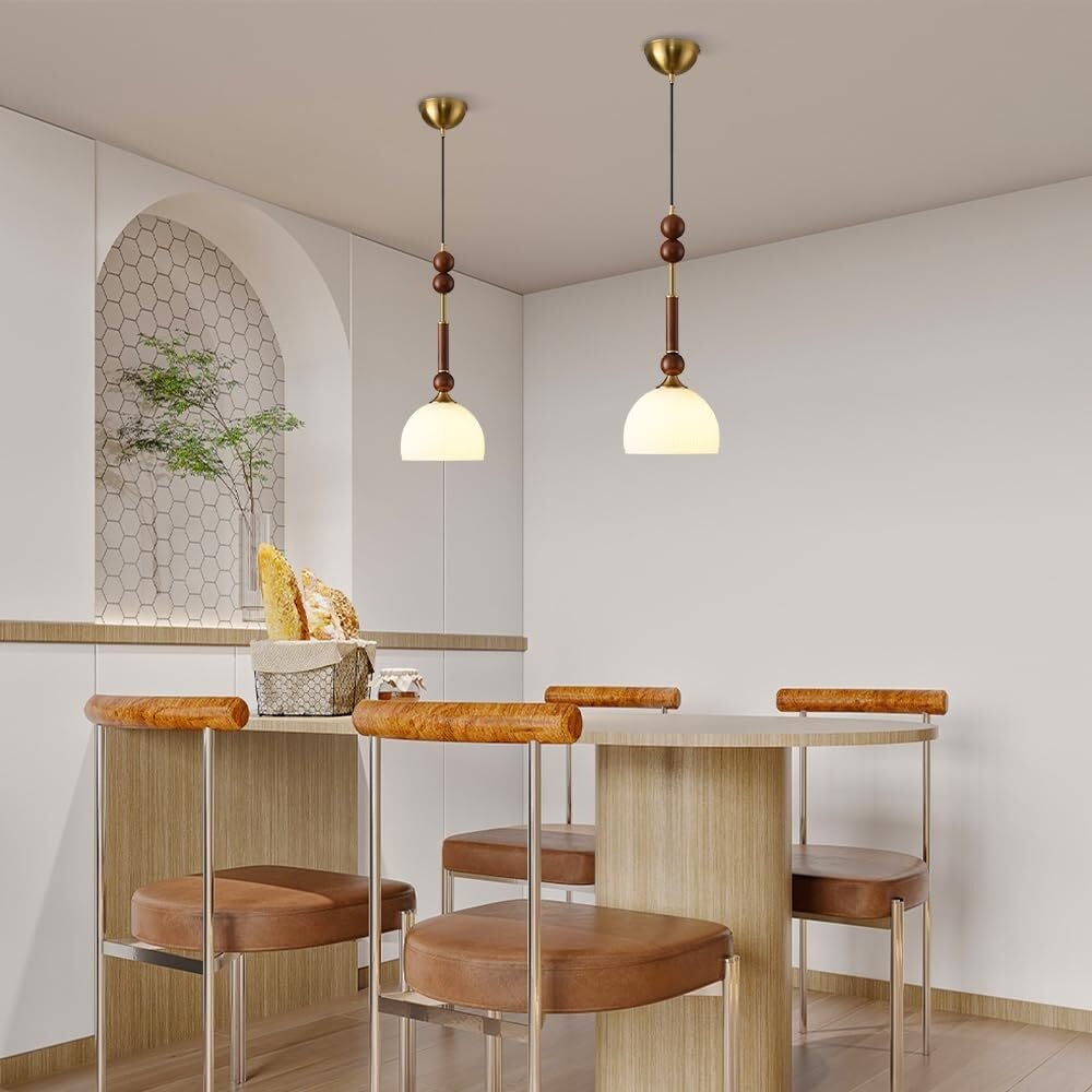 Nowoczesna lampa wisząca z połowy wieku vintage, półkopuła, klosz, lampa wisząca z drewnianymi akcentami, regulowana wysokość, oprawa żyrandolowa do jadalni, przy łóżku, wejściu (cylindryczna)