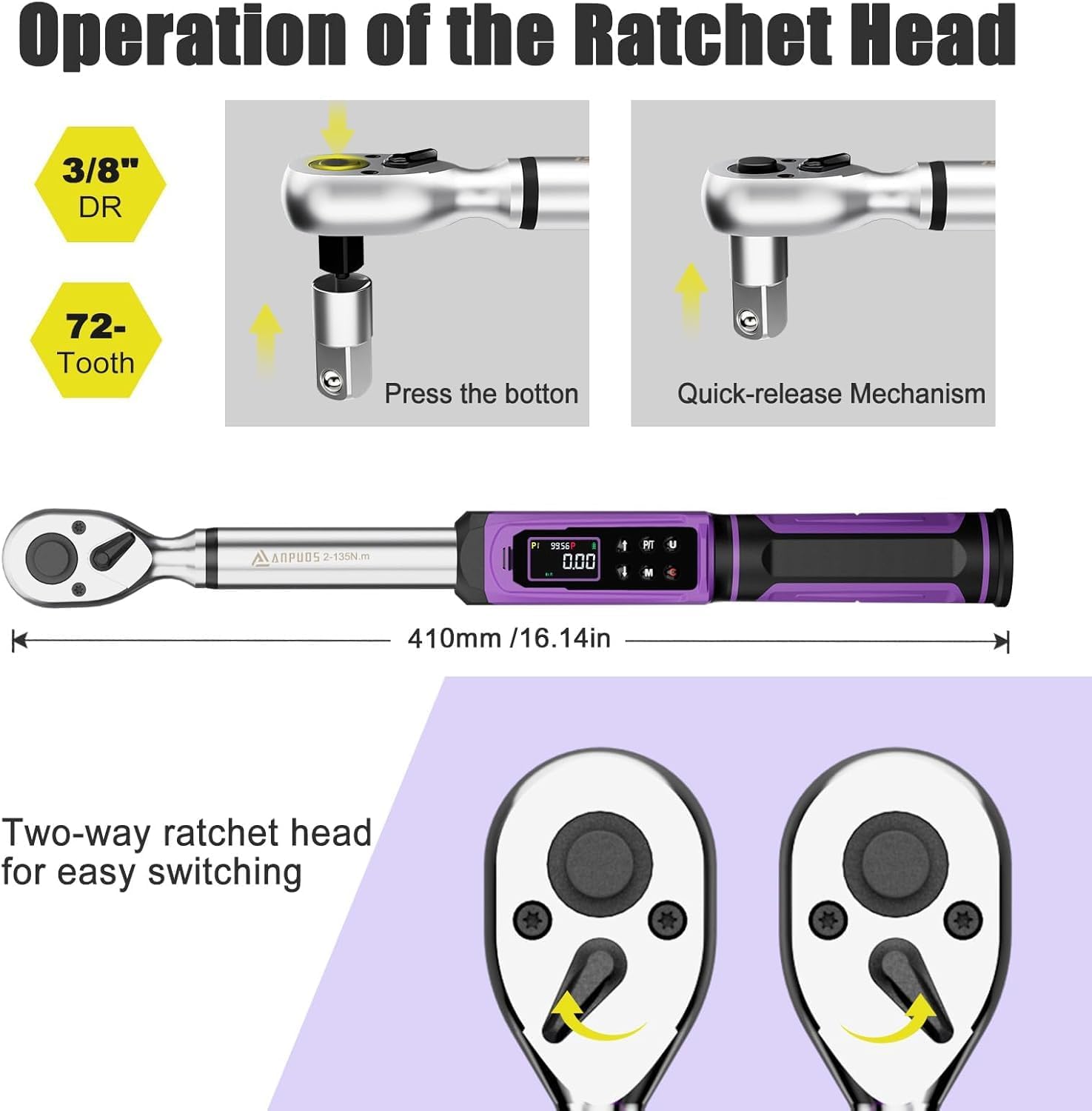 Operation of the quick-release ratchet head and two-way mechanism