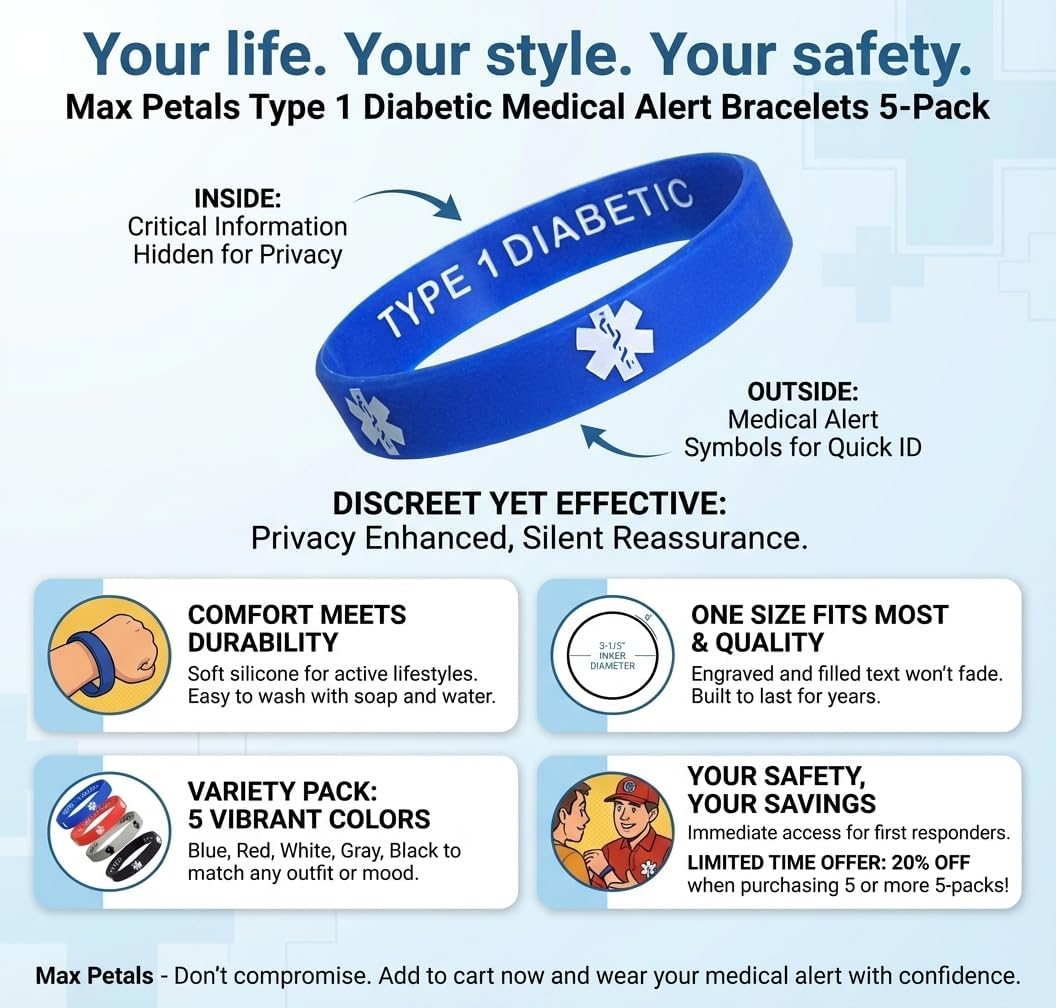 Type 1 Diabetic Insulin Dependent Medical Alert ID Privacy Enhanced Silicone Bracelets Wristbands 5 Pack - Image 2