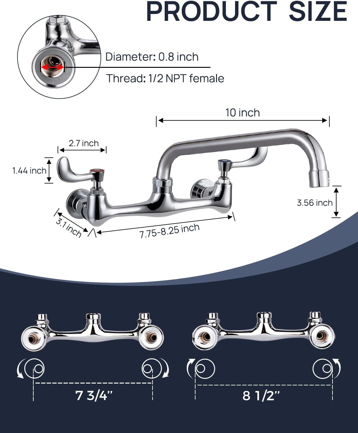 Leak-Free Kitchen Sink Faucet Wall Mount 8" Center 10" Swivel Spout, Commercial Sink Faucet 2 Hole 2 Wrist Blade Handles, Industrial Restaurant Compartment Sink,1/2" NPT Thread, BrassBrass