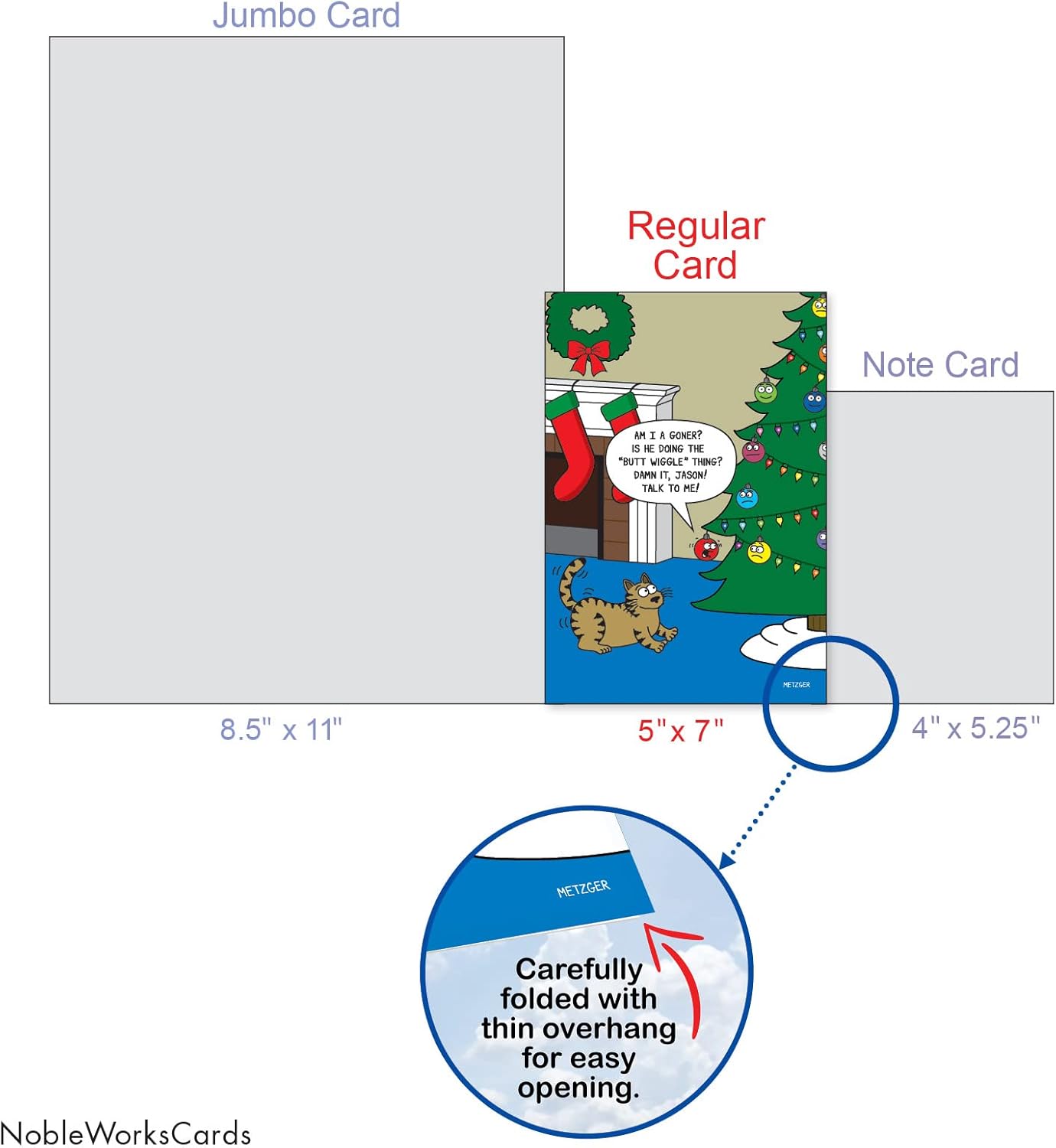 NobleWorks 12 Humorous Christmas Greeting Cards Bulk Box Set w/ 5 x 7 Envelopes (1 Designs, 12 Each) Ornament Cat Toy C7687XSG-B12x1