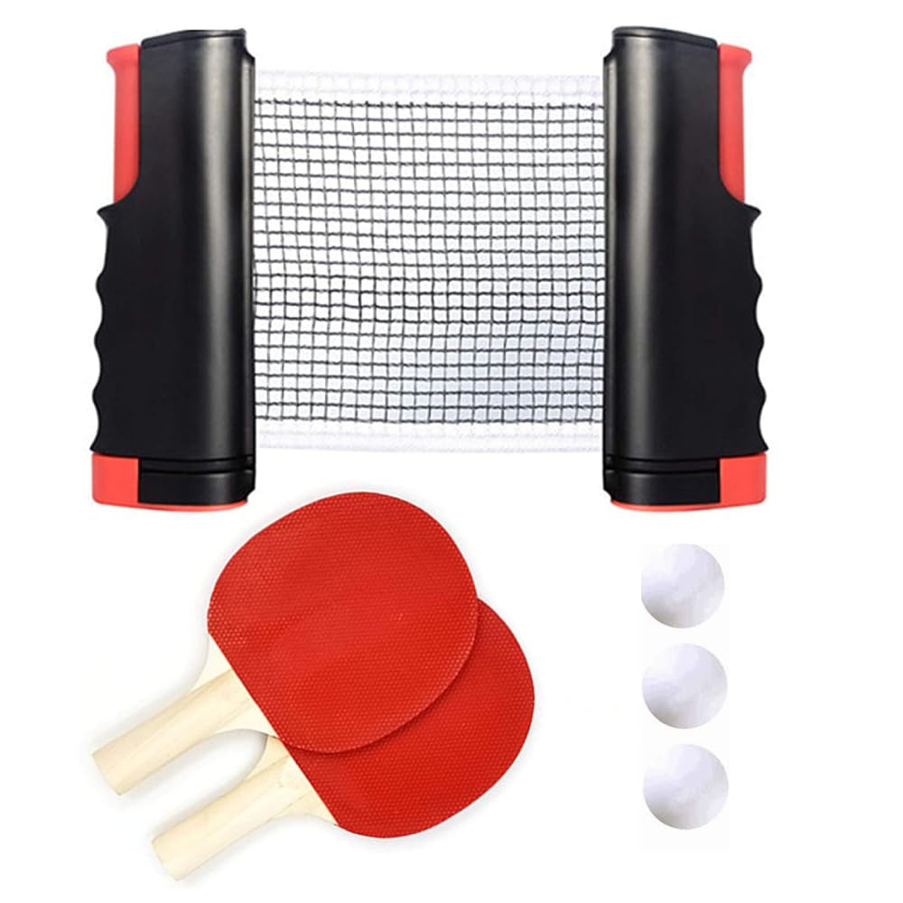 DEVESSPORT Set de Ping Pong con Red Retráctil | 2 Palas + 3 Pelotas + Red Ajustable | Red Ajustable para Mesas de Ping Pong | Juego Portátil para Interior y Exterior