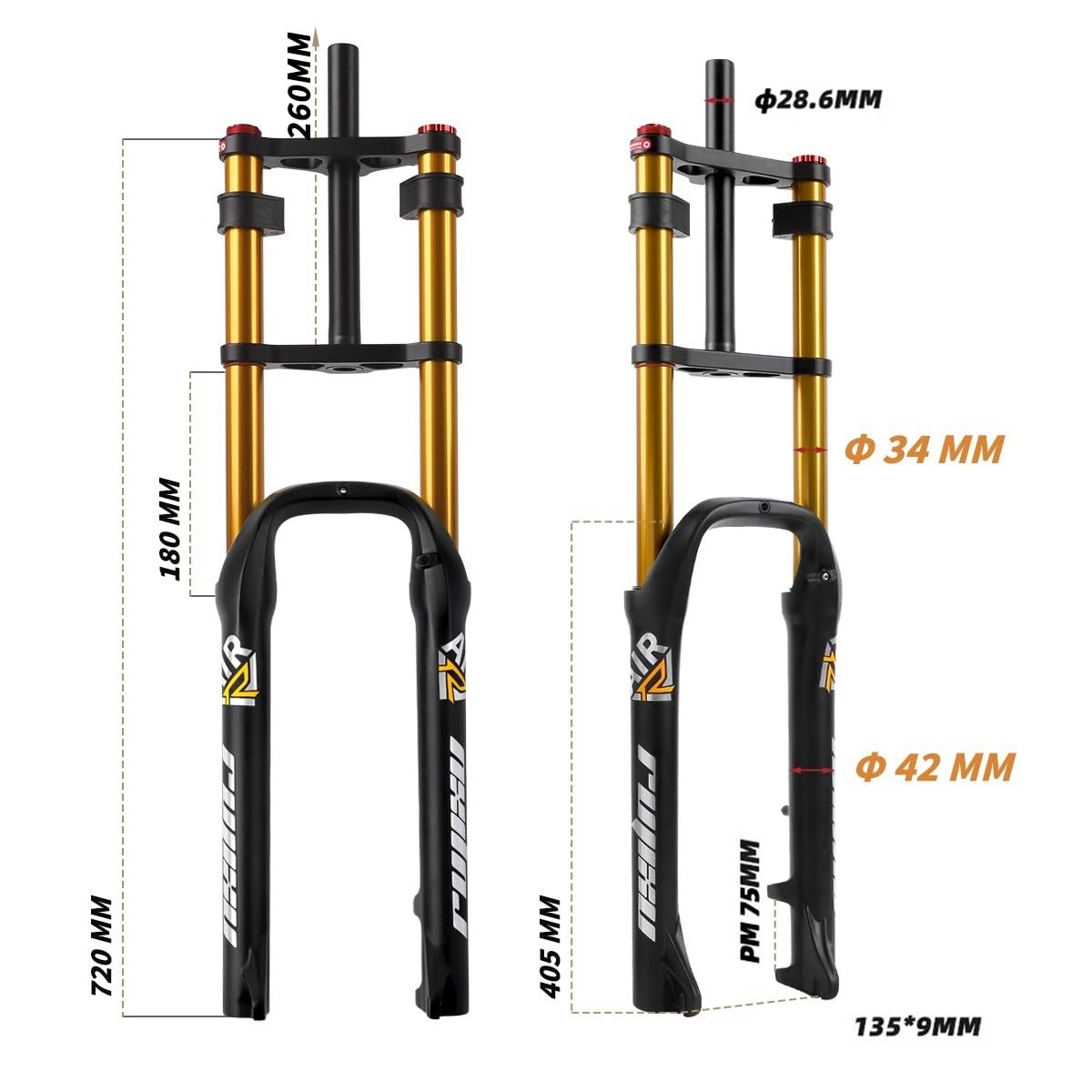 Forcella Bici Elettrica Fat Bike 26 Pollici 4.0 Pneumatici Freno A Disco 130mm Corsa Mountain Bike Forcella Ammortizzata 9 * 135mm QR Forcella Bicicletta 1-1/8"