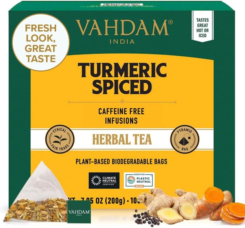 Turmeric Spice Herbal Tea - 100 Pyramid Tea Bags, Caffeine Free, Non GMO, Gluten Free, 100% Pure Herbal Tisane - Savory & Spicy, Whole Loose-Leaf, Resealable Pouch