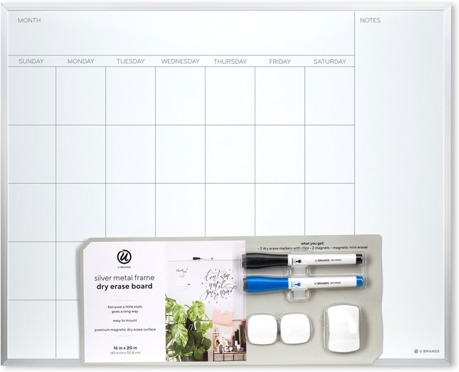 U Brands Magnetic Dry Erase Calendar White Board, 16" x 20" Inches, Silver Aluminum Frame