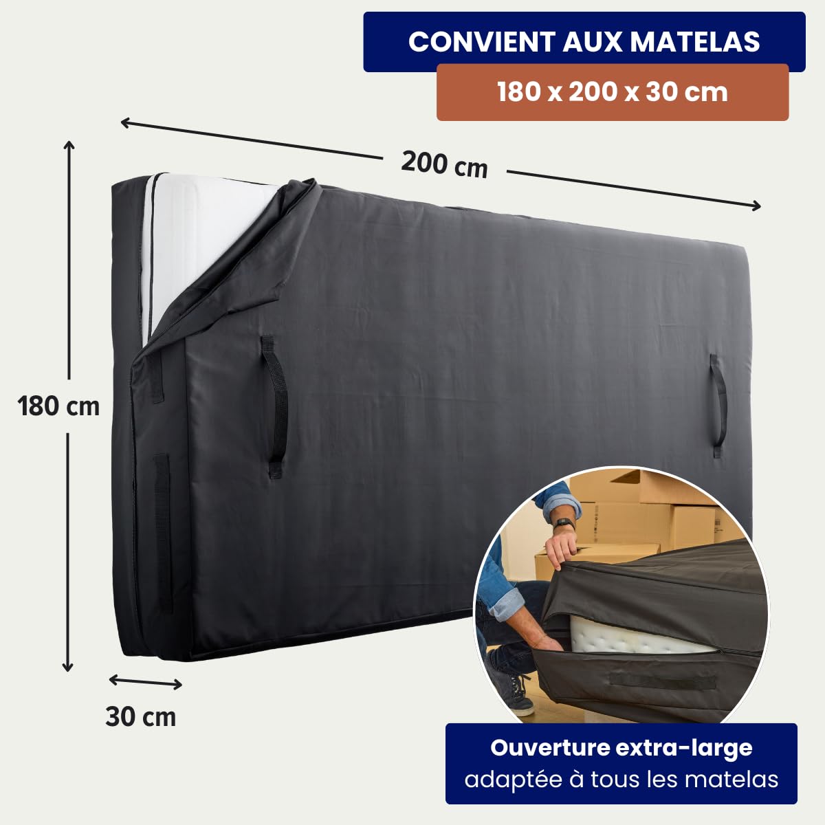 Dreamway - Housse de Déménagement Matelas 180x200 cm | Imperméable et Résistante - 8 Poignées Renforcées, Fermeture Éclair Robuste, Certifiée Oeko-Tex, Réutilisable et Solide