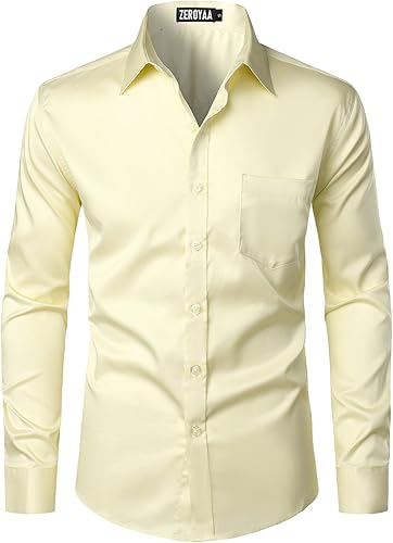 ZEROYAA - Camisa de vestir para hombre, estilo urbano, informal, de negocios, ajuste entallado, manga larga, con botones y bolsillo