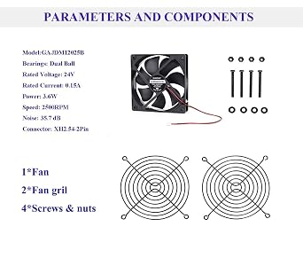 DC 24V Cooling Fan 120x120x25mm 5inch Brushless Ball Bearings Long Lifespan 2Pin 2500RPM