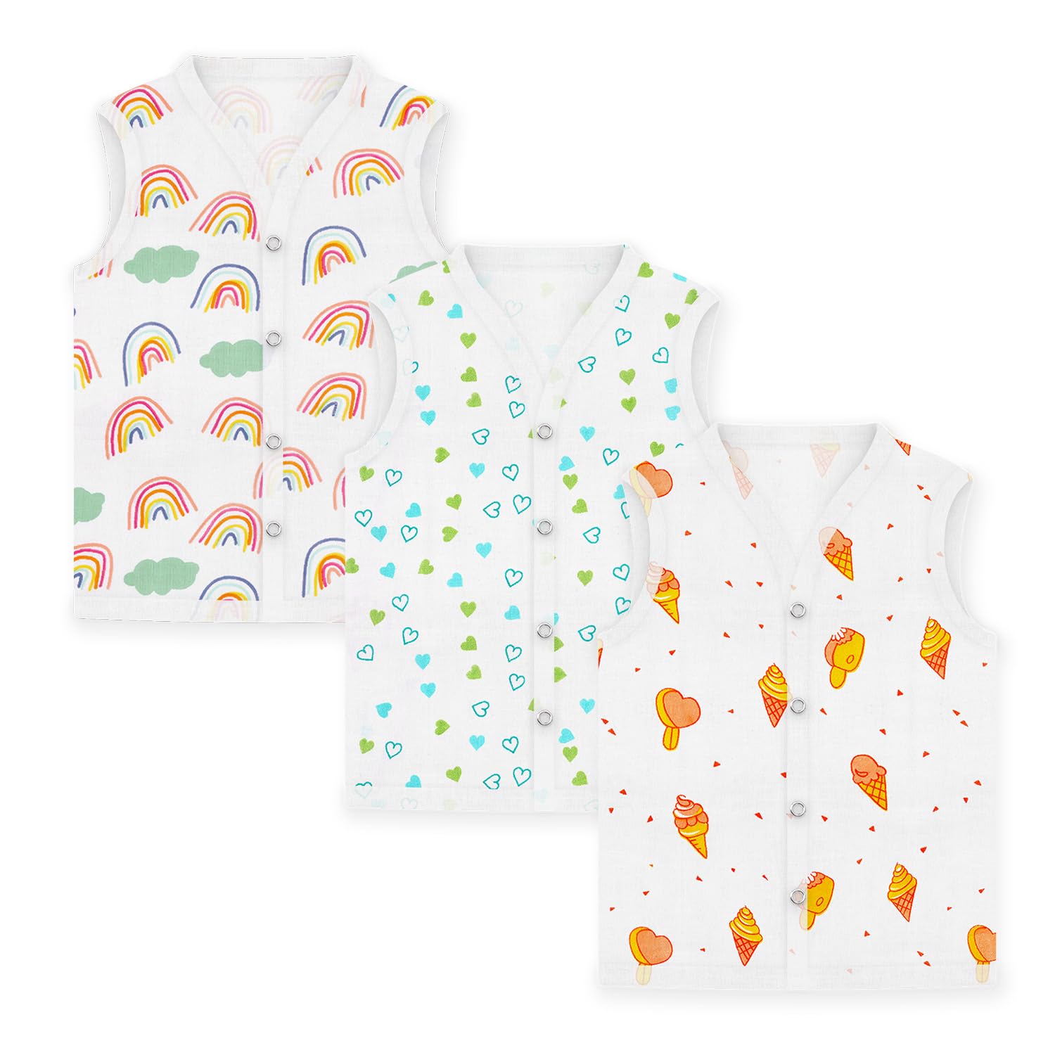 MOM'S HOME Baby Unisex Organic Cotton Muslin Jhabla | Ice-Cream, Rainbow & Green Heart | Set of 3