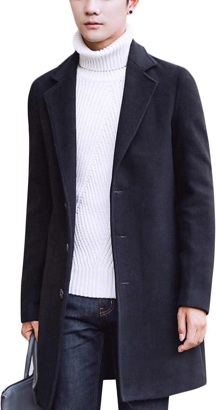 Tanming Mens Black Trench Coat Notched Lapel Single Breasted Long Peacoat Overcoat - Image 2