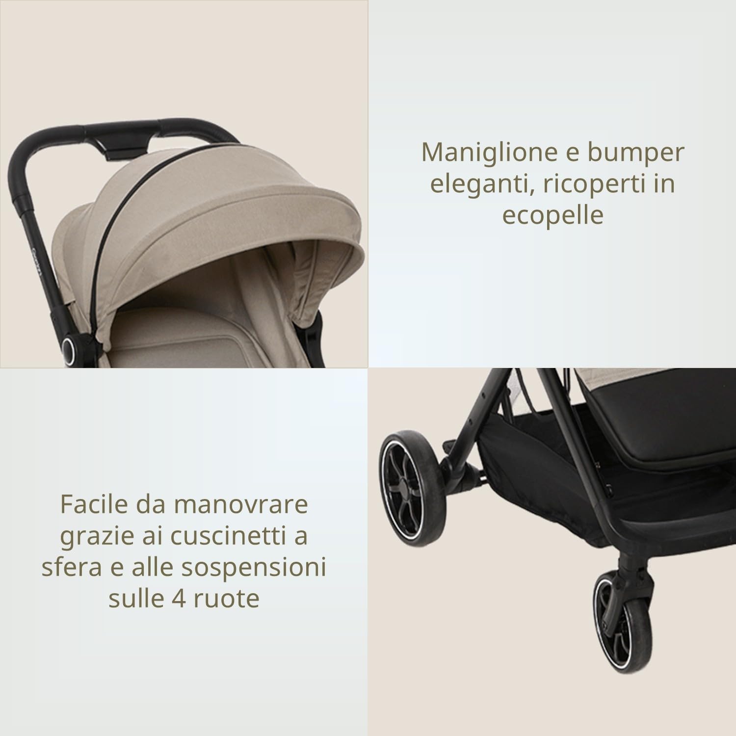 Giordani G-Touch Passeggino Leggero 6.9 kg, Chiusura Automatica One-Touch, da 0 Mesi a 22 kg,Seduta Imbottita, Ruote con Sospensioni e Dettagli in Ecopelle, Compatto e Salvaspazio, Beige