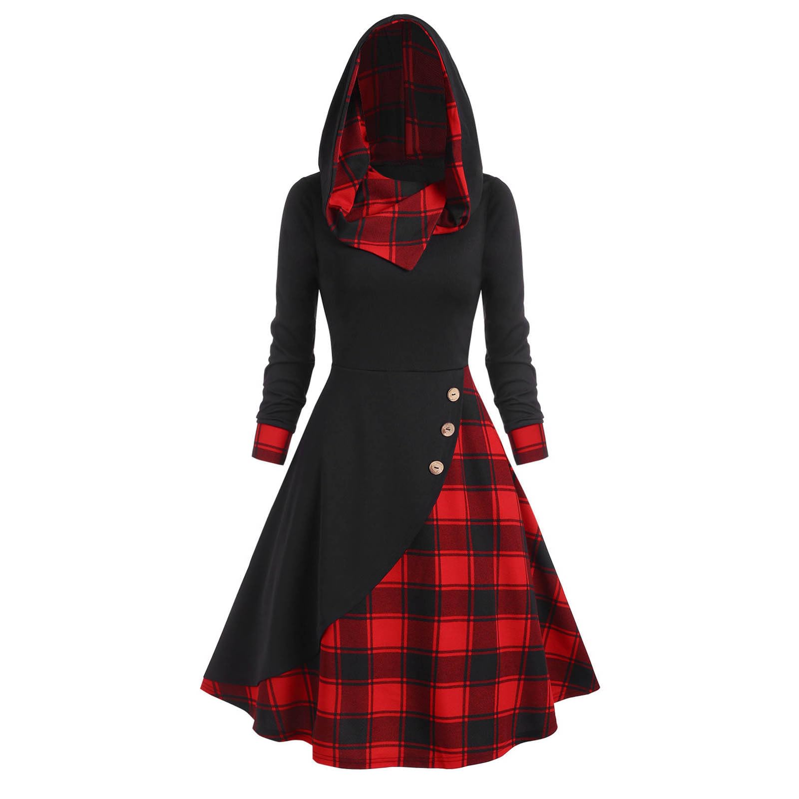 Sukienka damska w stylu vintage, w stylu steampunk, pled, patchwork, guziki, kaptur, retro, rockabilly, punk,