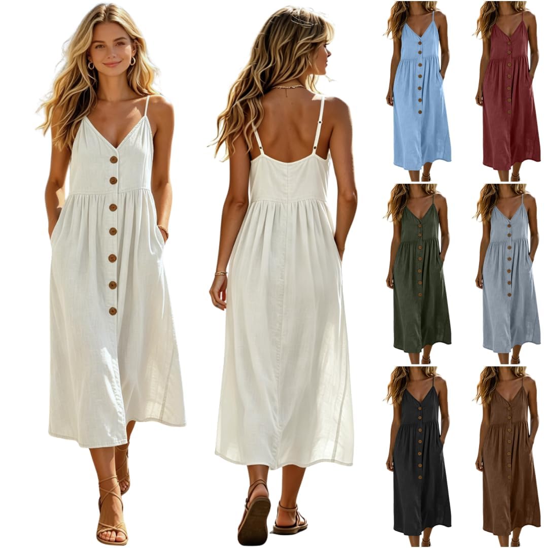 Trägerkleid Damen Sommer Midi - A-Linie Baumwolle Sommerkleid, V-Ausschnitt Boho Strandkleid, Einfarbig Spaghettiträger Kleid, Freizeit Midikleid mit Taschen
