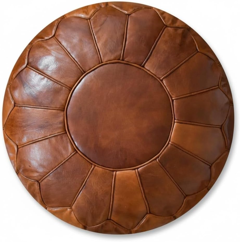 Handmade Moroccan Leather Pouf Ottoman – 100% Genuine Natural Brown Leather, Unstuffed Footstool for Boho or Modern Living Rooms