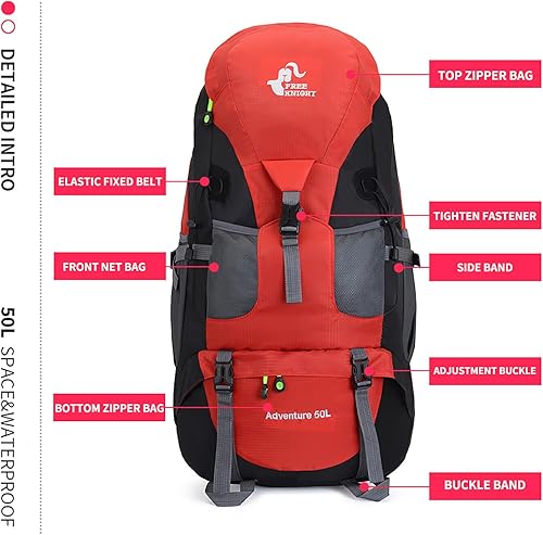 Miniatura 7 de Bseash Mochila de senderismo de 50 L, resistente al agua, ligera, para deportes al aire libre, bolsa de viaje para camping, escalada, turismo, Rojo