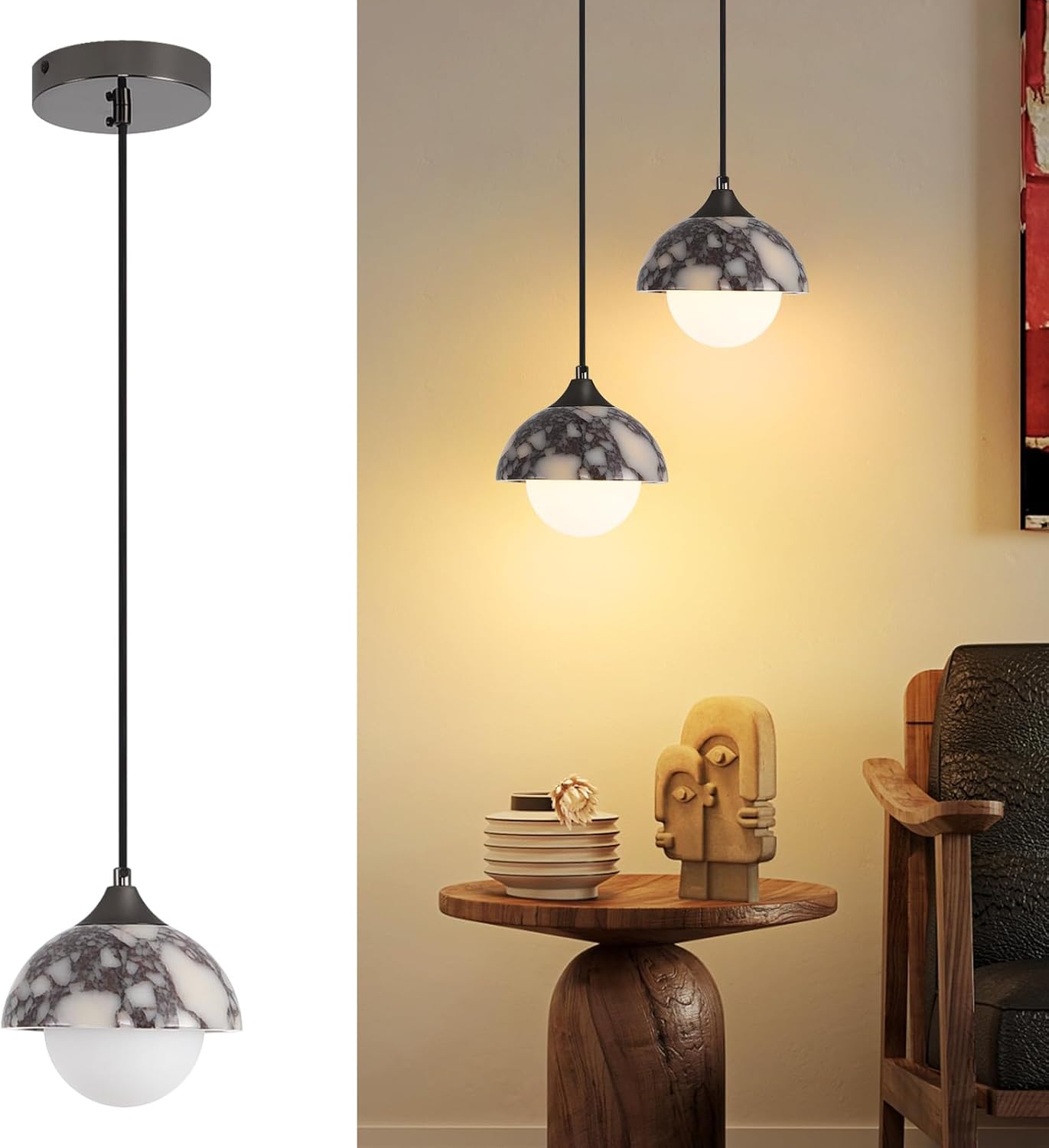 Natural Stone Pendant Light 5.9in, Mini Wabi Sabi Pendant Light 2 Pack, Mini Nordic Hanging Stone Lamp Lighting Fixture for Dining Room Bedroom Corner (Bulb Included)