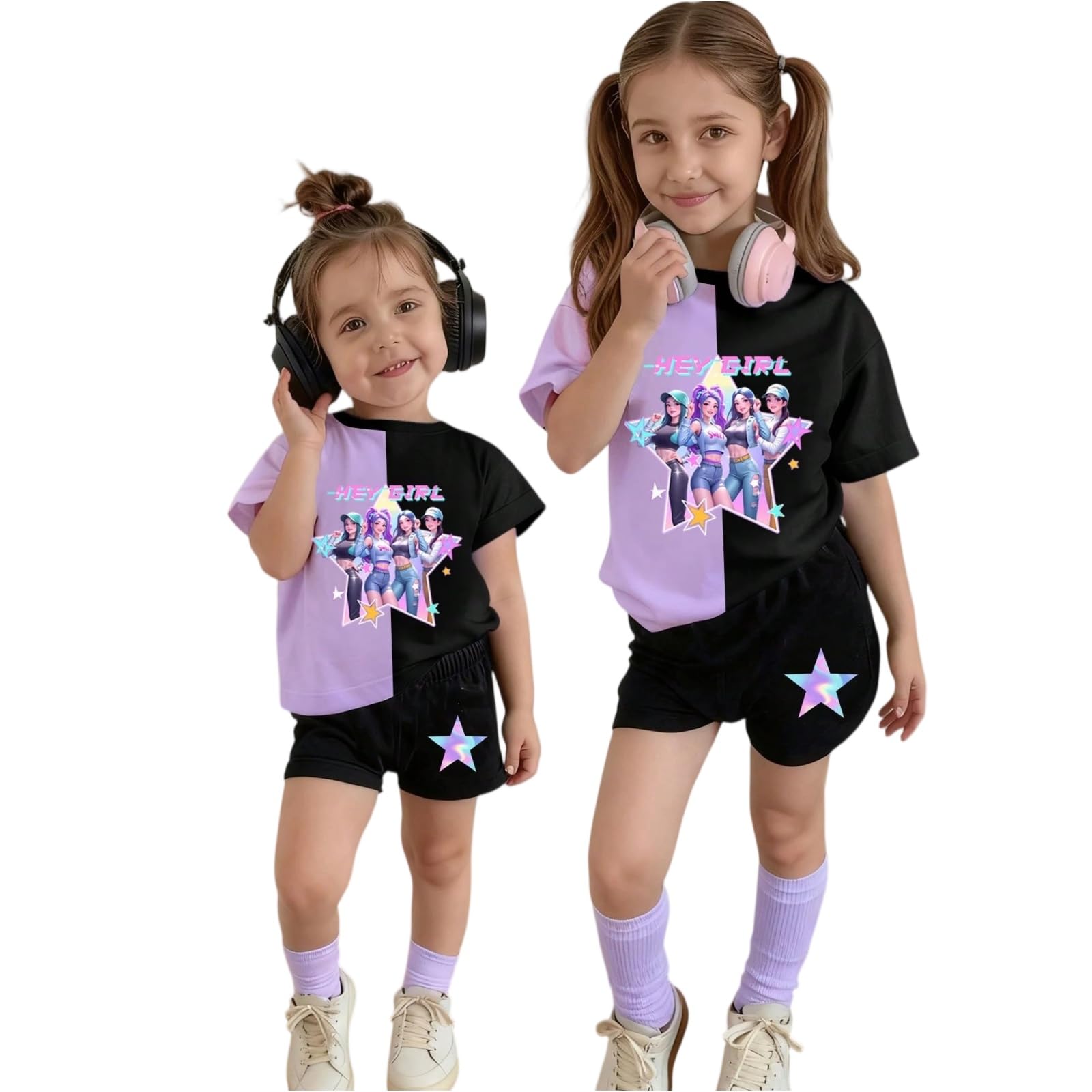 Girls 2 Piece Outfits Cute Singer Cartoon Graphic Short Sleeve Shirts and Shorts Fashion Casual Tracksuit