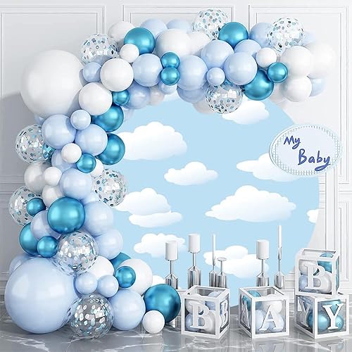 Miniatura 3 de Telón de fondo redondo de poliéster con nubes blancas y cielo azul de 7 x 7 pies, fondo de fotografía para niños, baby shower, primer cumpleaños,