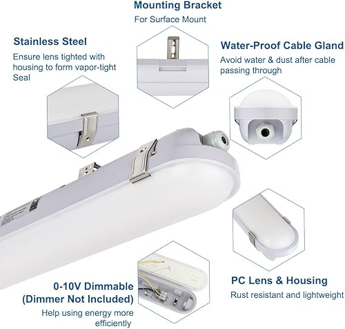 Miniatura 2 de DAKASON Luz LED hermética de vapor de 4 pies 60 W 6600 lm (120 W equivalente), luz impermeable para tienda al aire libre, 5000 K, IP65, 100-277 V,