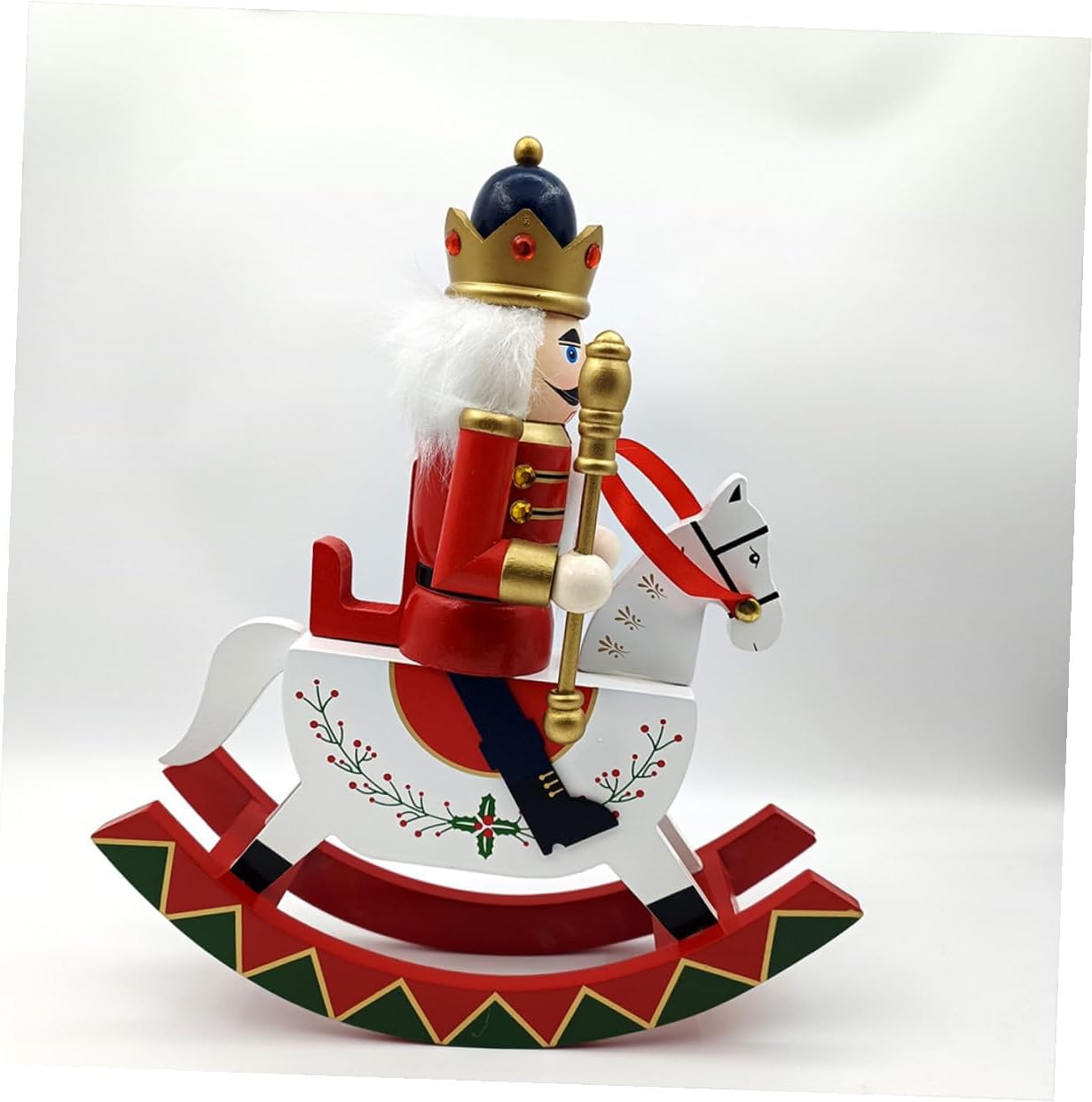 Wooden Christmas Nutcracker Figurine Guard on Rocking Horse Holiday Table Centerpiece Red Festival Nutcracker Decoration for Home and Garden Party