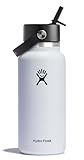Water Bottle - Insulated Stainless Steel - Wide Mouth Flex Straw Lid, Non Spill, Leakproof and Refillable in 32 Oz White