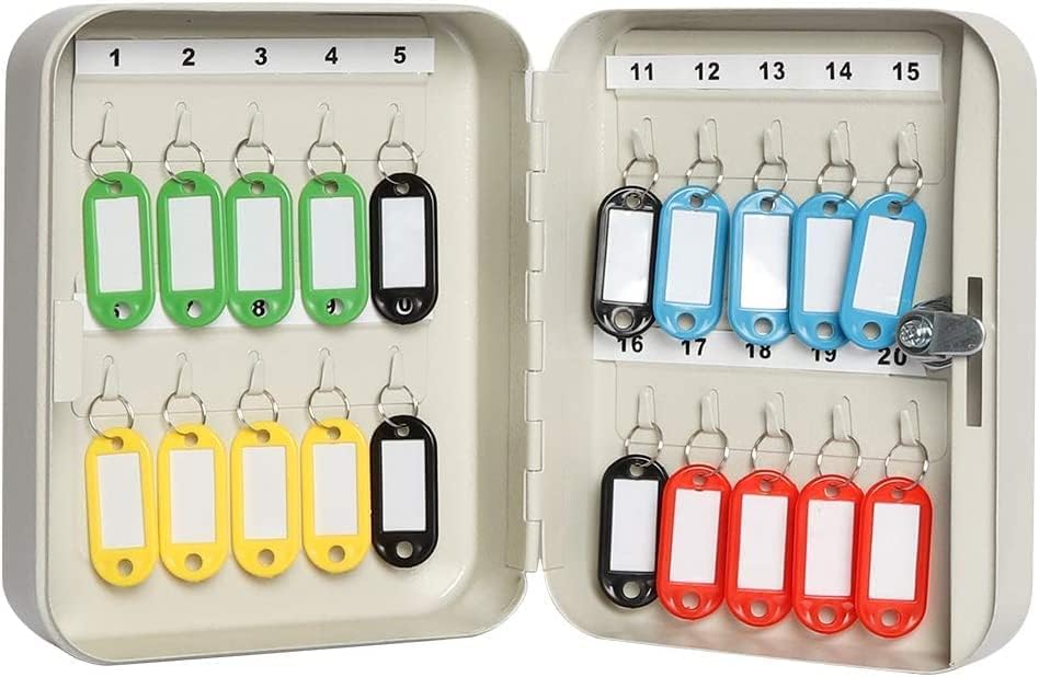 KANDPAND Small Key Storage Lock Box, Locking Key Cabinet Wall Mount with 20 Key Hooks & Tags Key Labels, White Matt-image-15