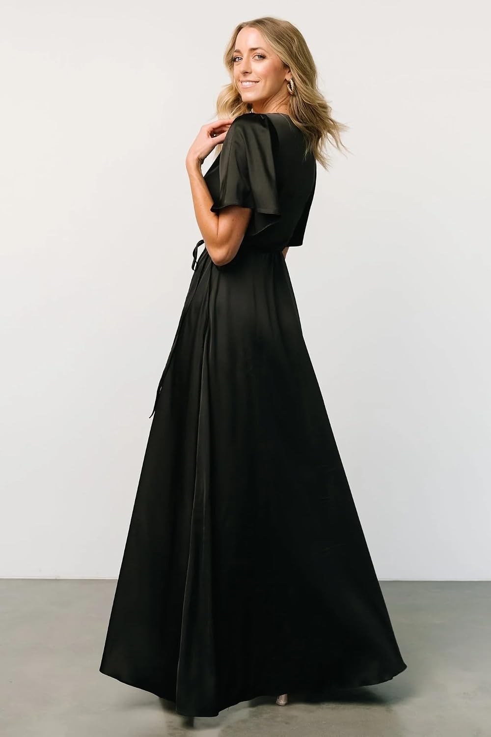 Satin Bridesmaid Dresses for Women V Neck Flutter Sleeves Formal Dress High Low Wedding Guest Dress with Slit MR102