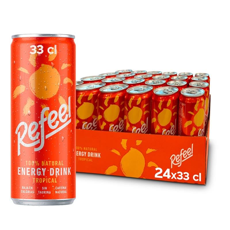 Refeel Bebida Energética 100% Natural con Cafeína Vegetal, Sabor Mango y Piña, Baja en Calorías – Pack 24 Latas x 33cl