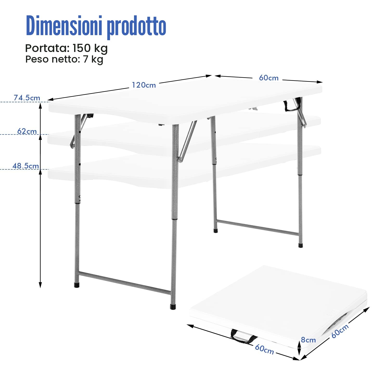 KOMFOTTEU Tavolo Pieghevole Regolabile in Altezza 120x60x74,5 cm Bianco HDPE Ferro Campeggio Picnic