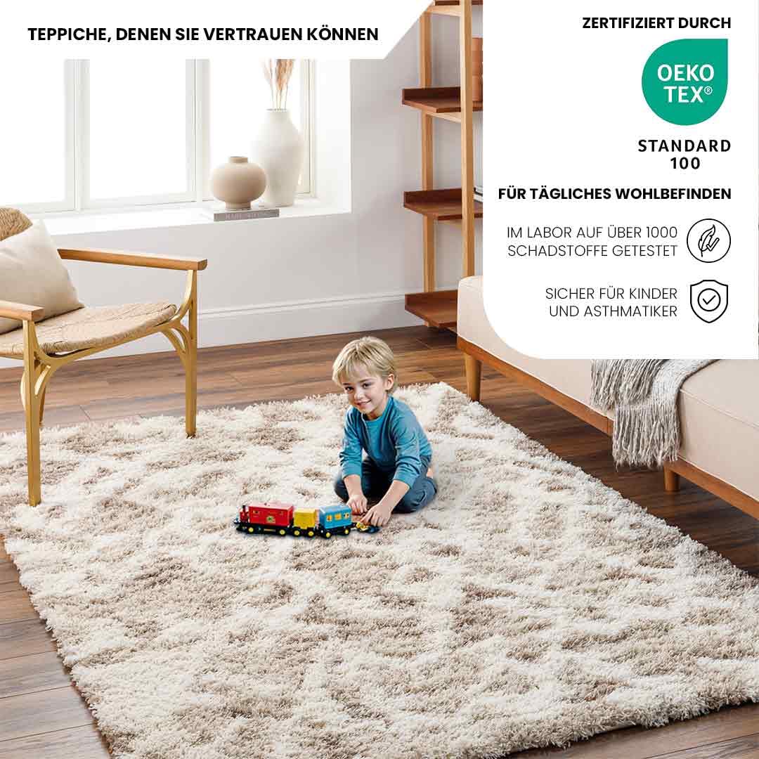Livabliss Sarajevo Shaggy Berber Teppich - Flauschiger Teppich groß für Wohnzimmer, Esszimmer, Schlafzimmer, Langflor Hochflor Teppiche flauschig - 160x220 cm, Wohnzimmerteppich in Beige und Weiß