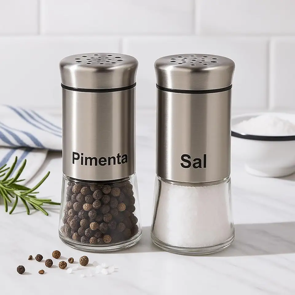 Kit Saleiro e Pimenteiro 2 Peças – Design Elegante em Vidro e Inox, Ideal para Sua Mesa!