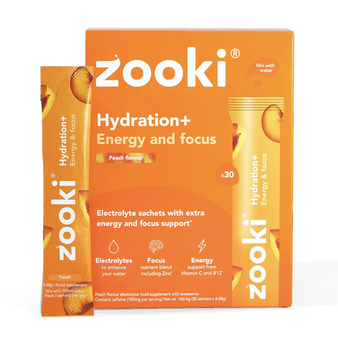 Zooki Electrolytes+ Energy & Focus, Peach, 30 Servings